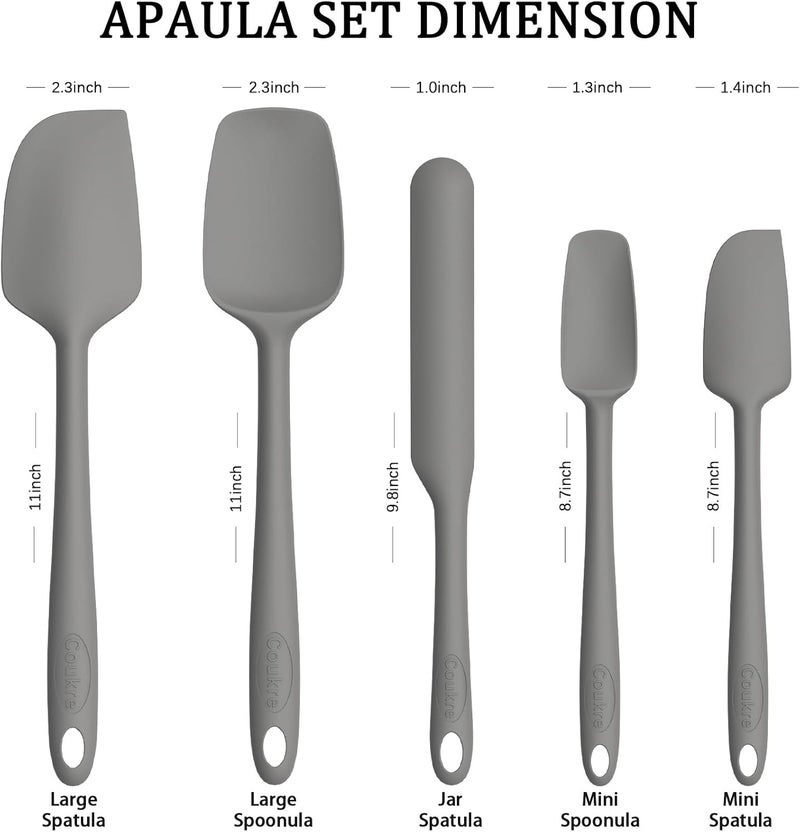 Coukre Silicone Spatula Set of 5,High Temperature Resistant, Food Grade Silicone, Dishwasher Safe, for Baking, Cooking (Pure Gray) - Image 2